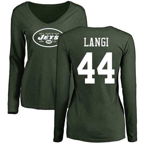 New York Jets Green Women Harvey Langi Name and Number Logo NFL Football #44 Long Sleeve T Shirt